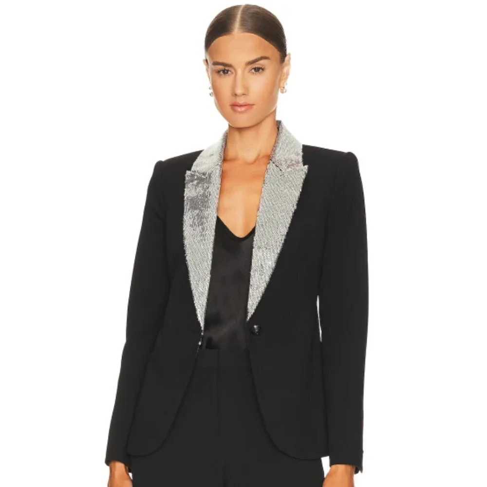 L'AGENCE 'Clementine' Sequin Lapel Ponte Blazer, Black/Silver